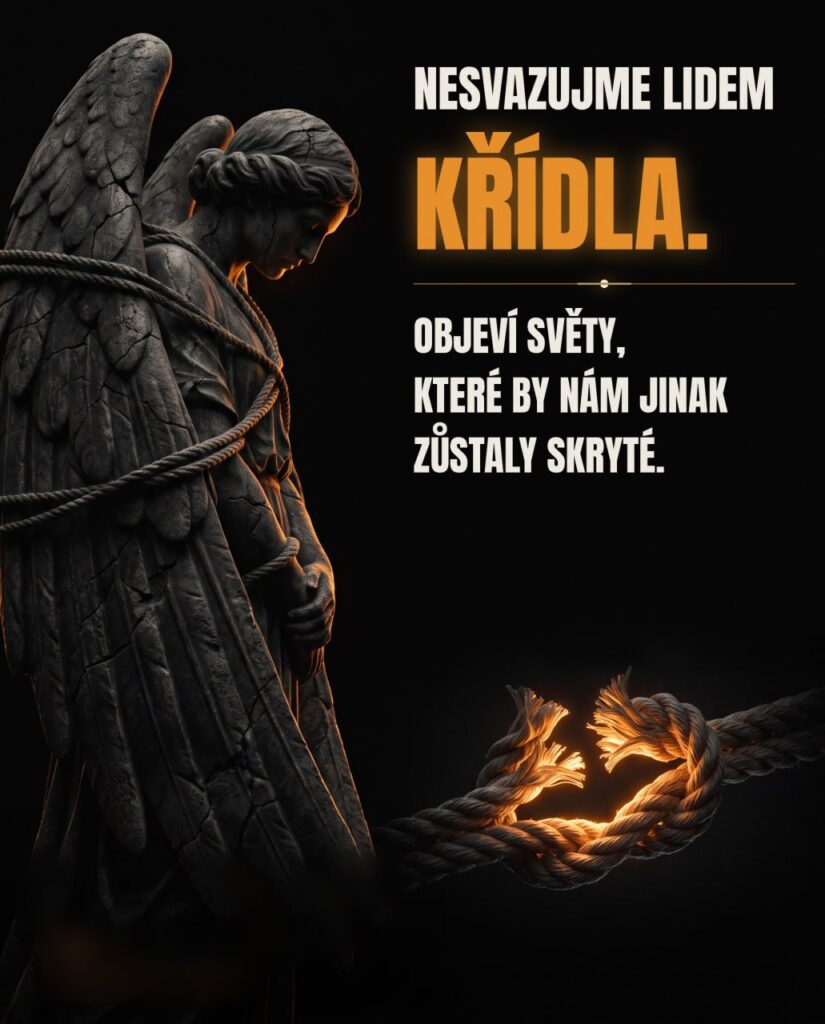 Kamenný anděl se svázanými křídly a praskající lano.